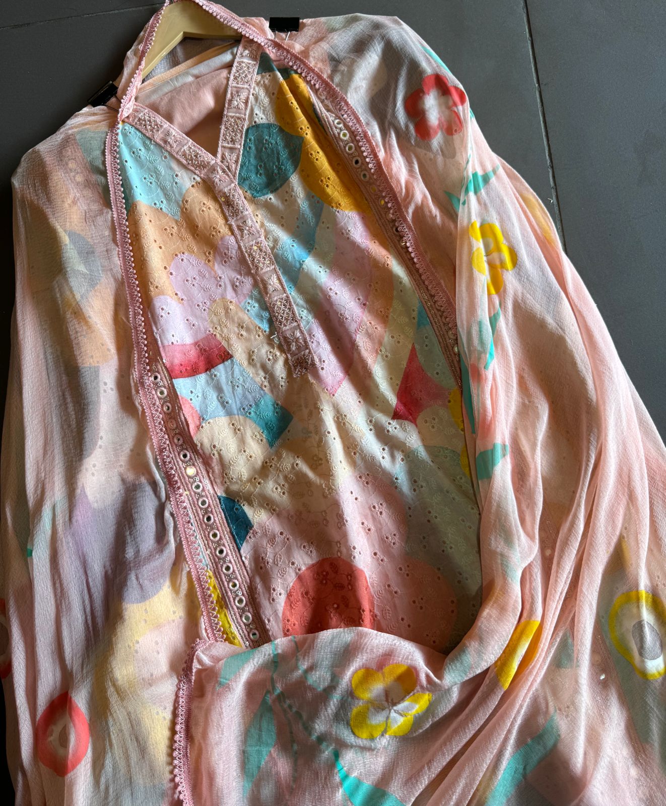 Cotton chicken coloured digital printed shirt with very beautiful lace