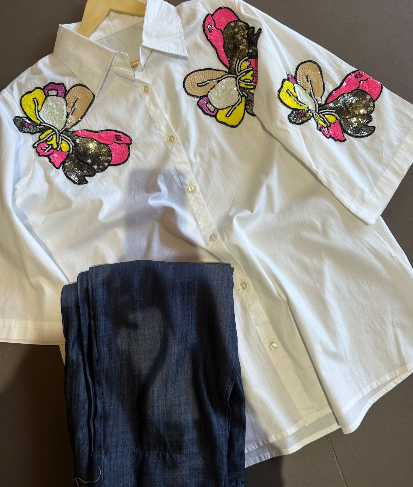 Pure cotton shirt with patchwork on the neck area ,colourful sequence