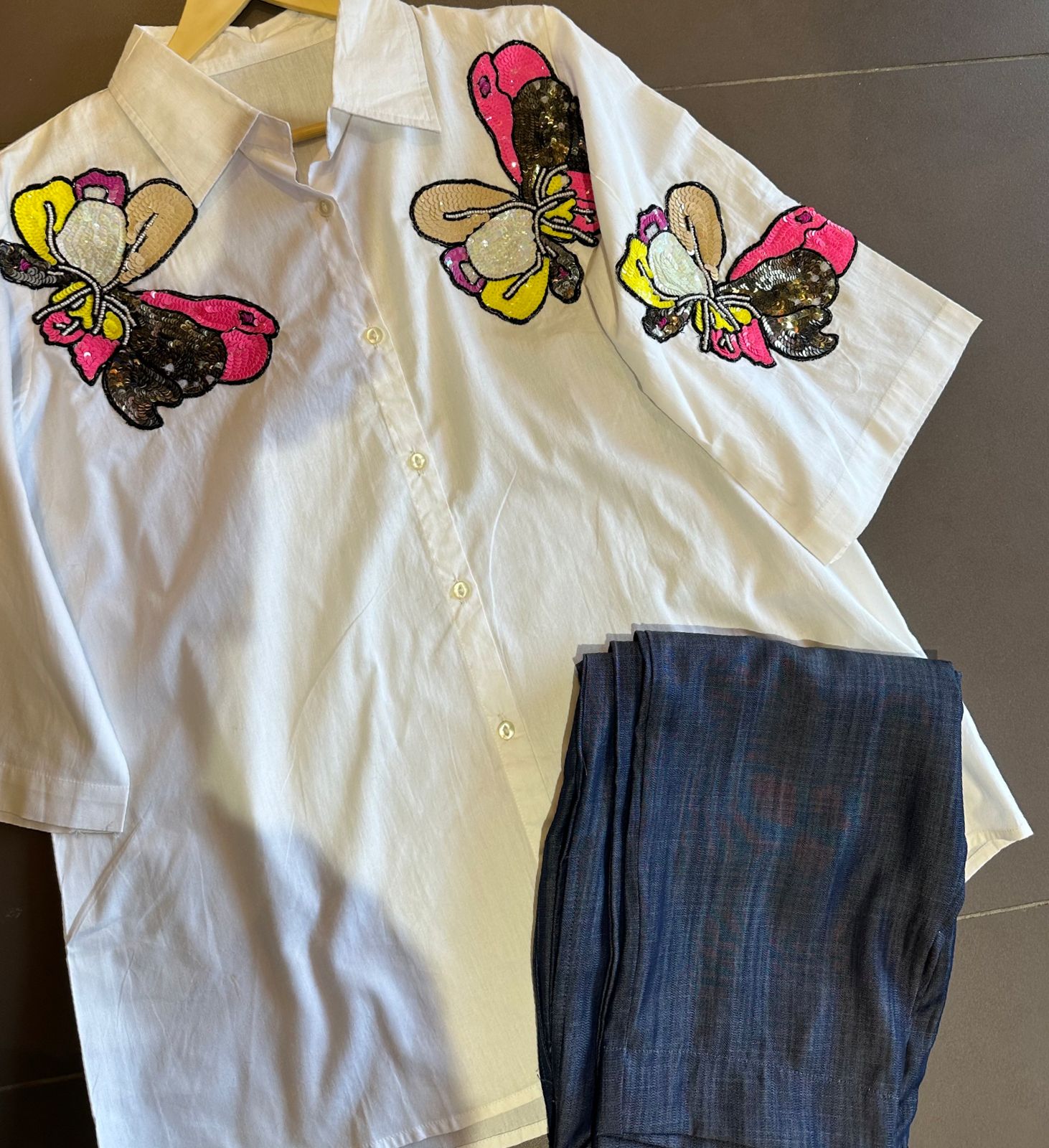 Pure cotton shirt with patchwork on the neck area ,colourful sequence