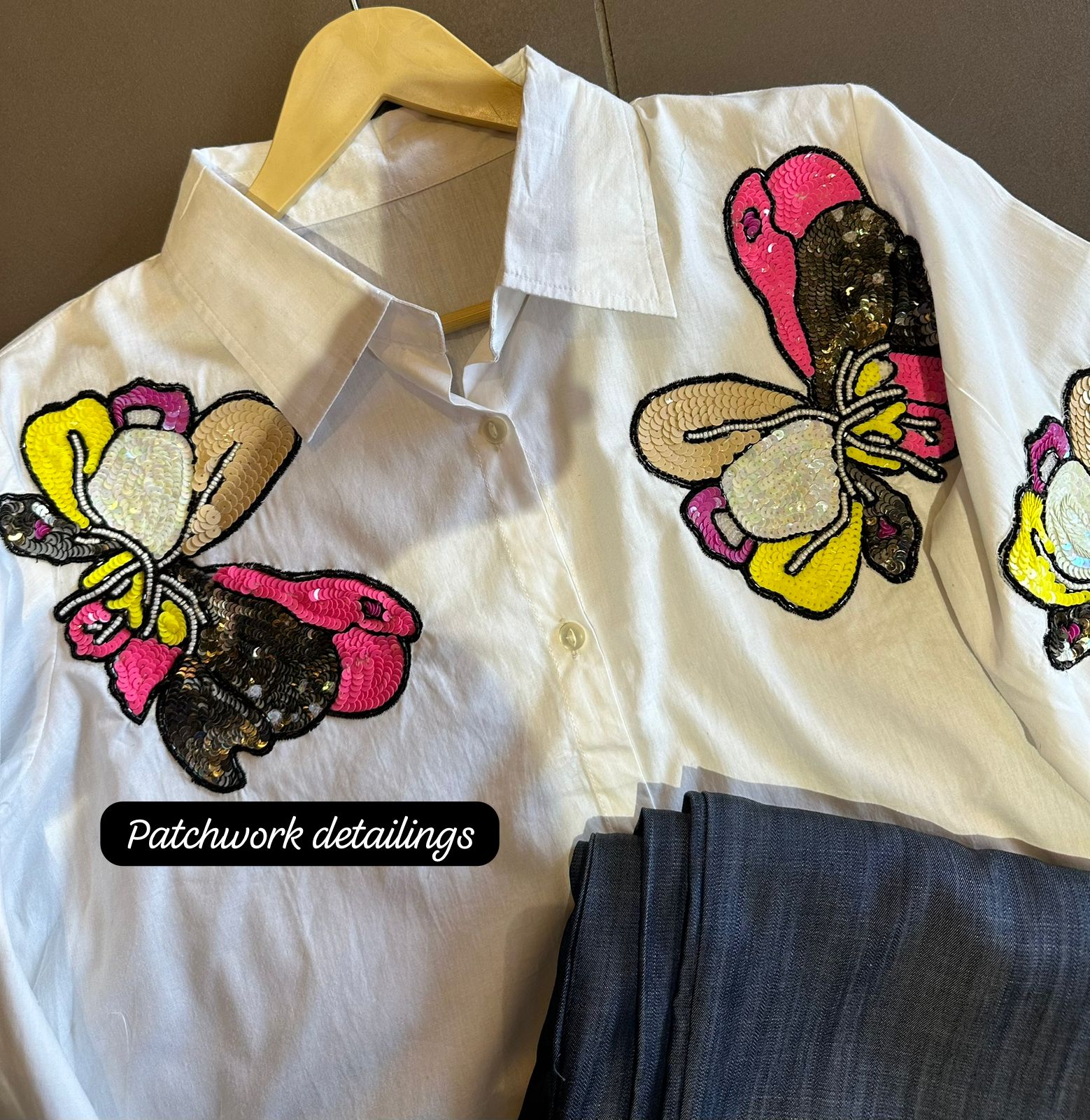 Pure cotton shirt with patchwork on the neck area ,colourful sequence