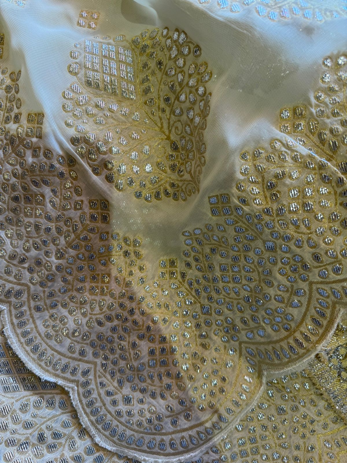 Pure banarsi Georgette shirt with overall zari booties with very beautiful neckline with mirror work done.