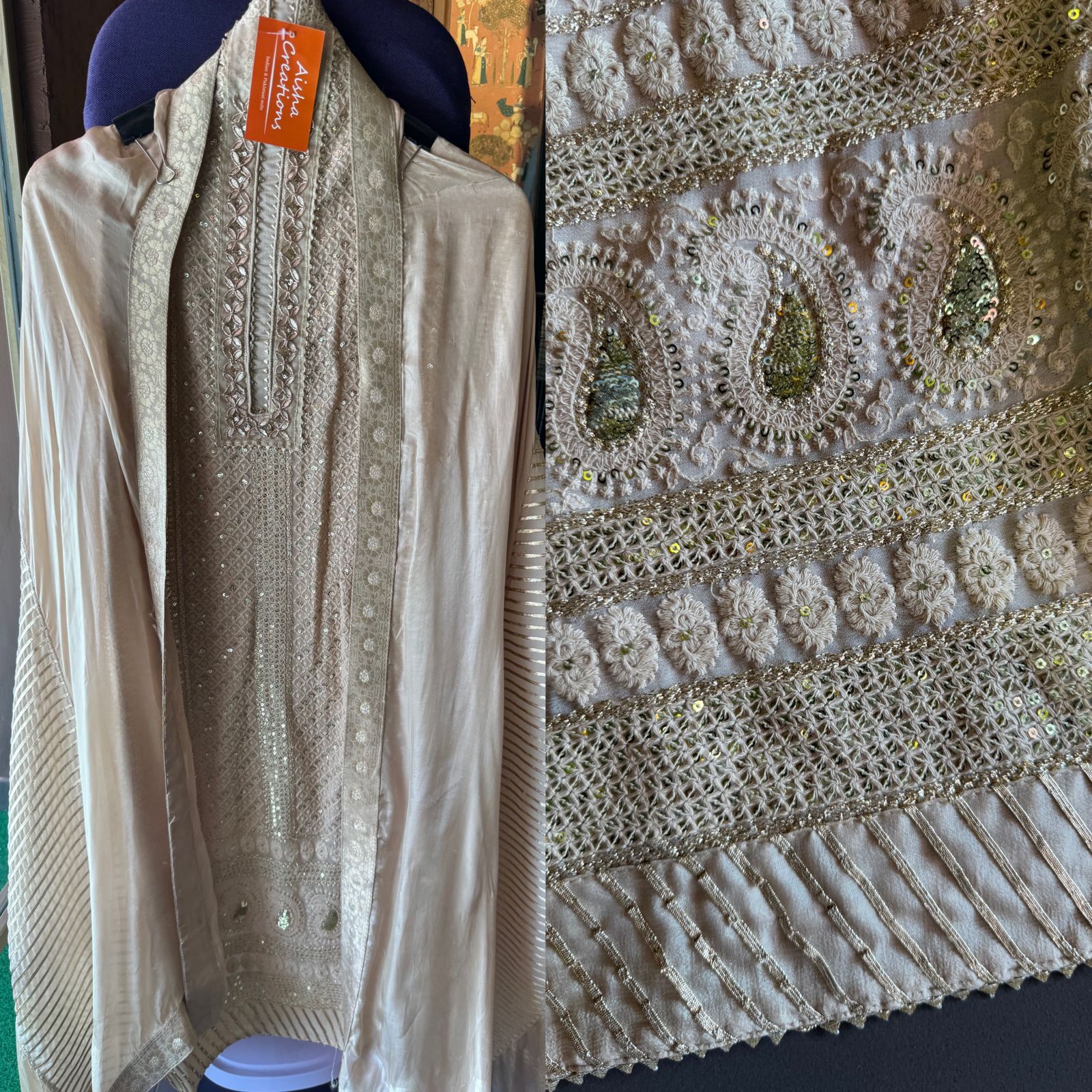 Soft and pure Georgette lakhnavi embroidered shirt with sequence and zari work