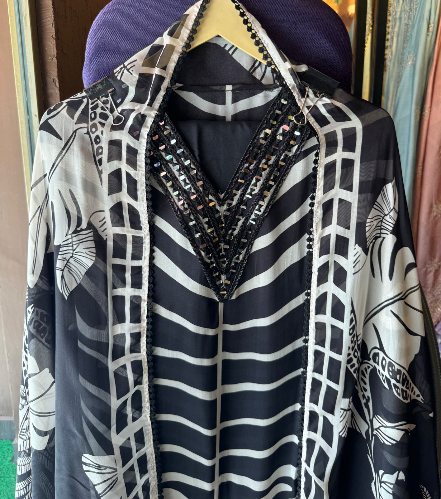 Soft and flowy digital printed shirt very smart printed shirt with mirror work done on the neckline