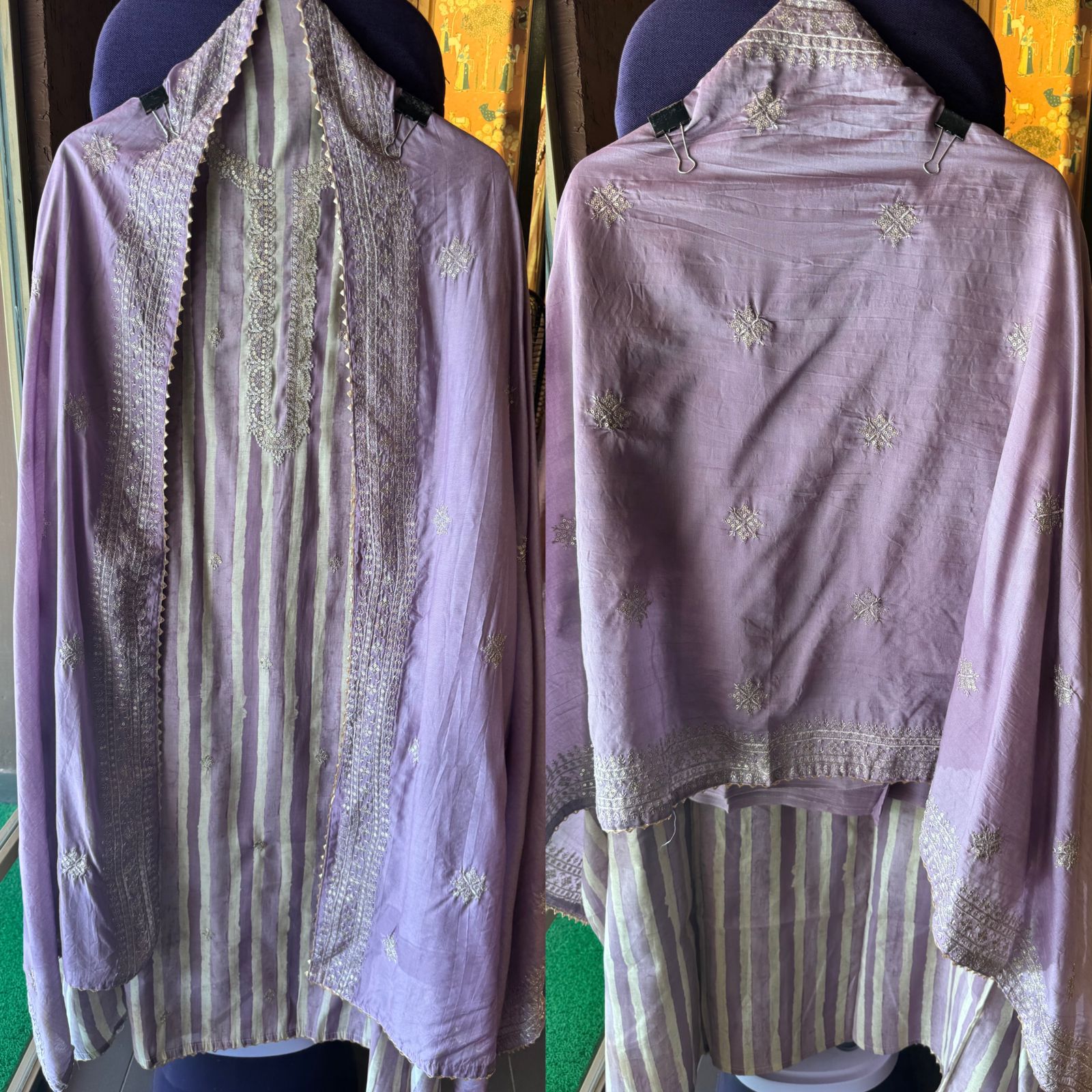 Pure cotton stripes shirt with very beautiful neckline with zari and sequence work