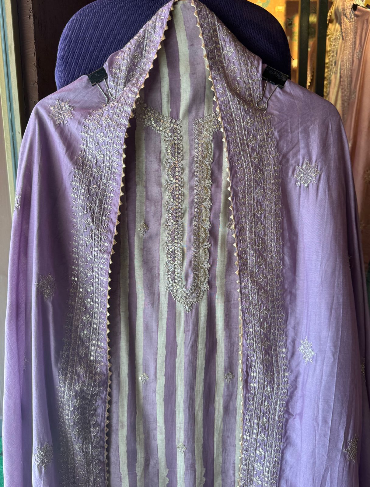 Pure cotton stripes shirt with very beautiful neckline with zari and sequence work
