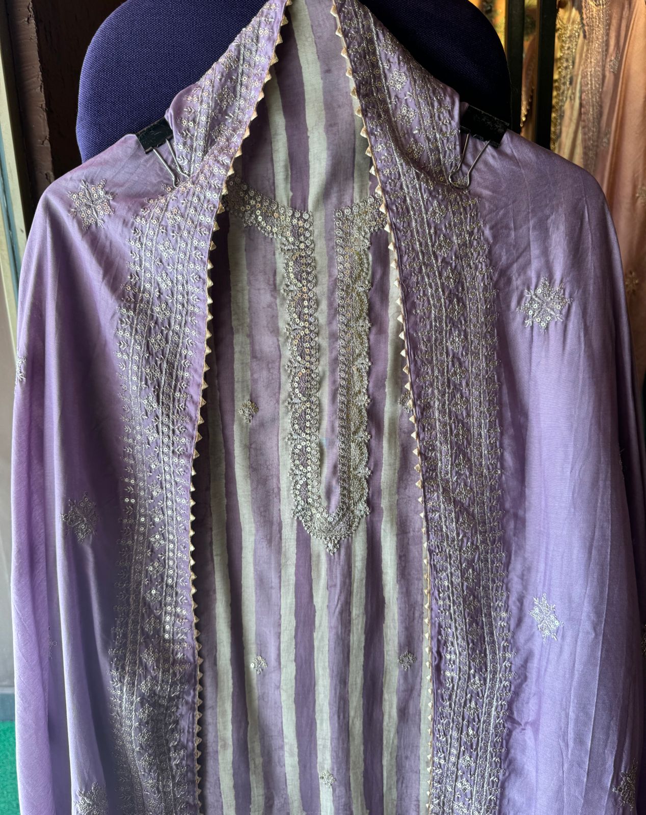 Pure cotton stripes shirt with very beautiful neckline with zari and sequence work