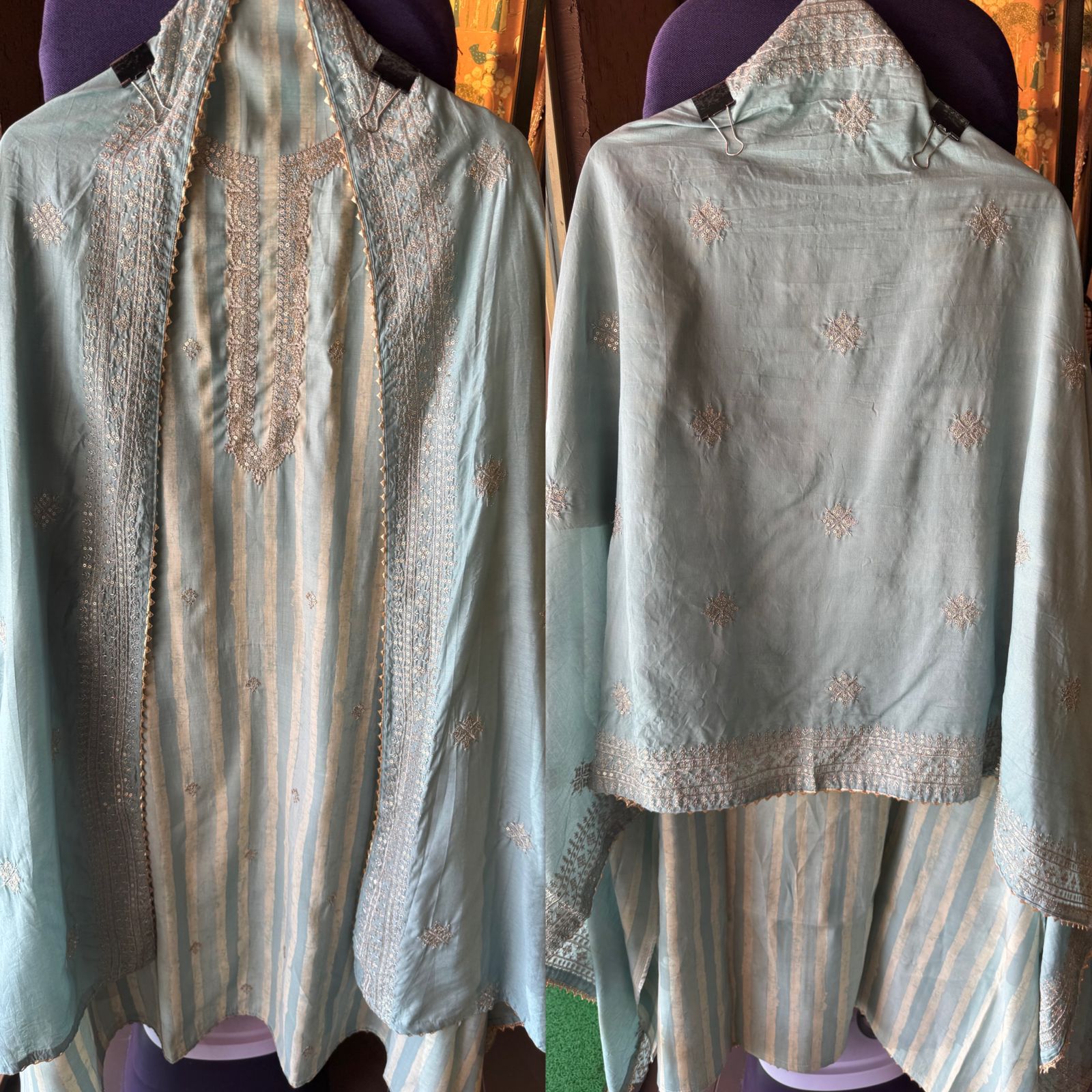 Pure cotton stripes shirt with very beautiful neckline with zari and sequence work