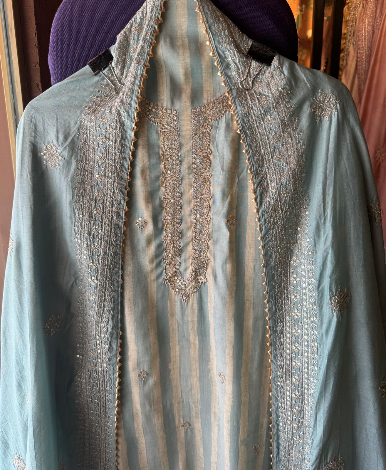 Pure cotton stripes shirt with very beautiful neckline with zari and sequence work