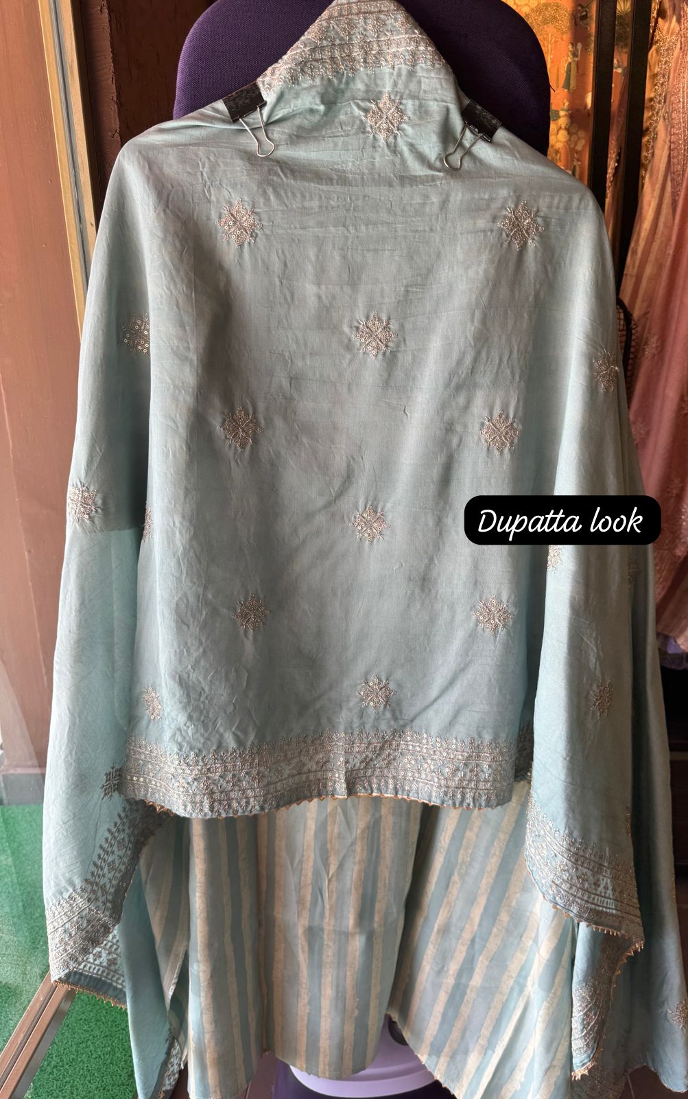 Pure cotton stripes shirt with very beautiful neckline with zari and sequence work