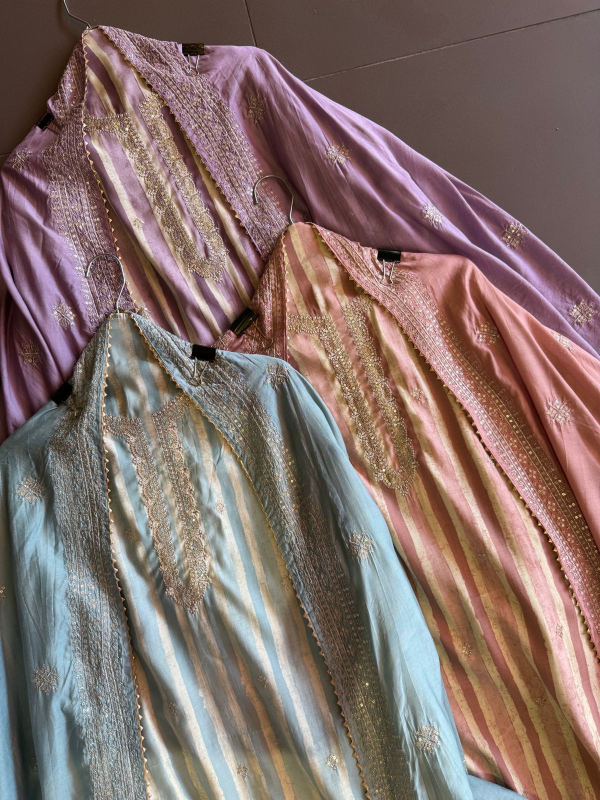 Pure cotton stripes shirt with very beautiful neckline with zari and sequence work