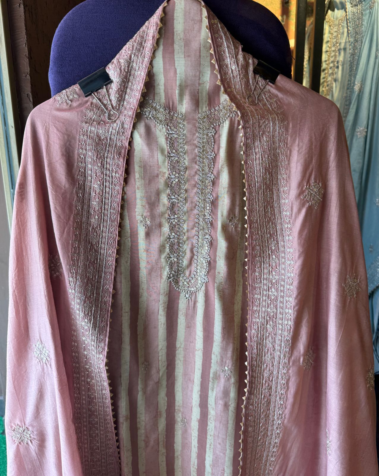 Pure cotton stripes shirt with very beautiful neckline with zari and sequence work