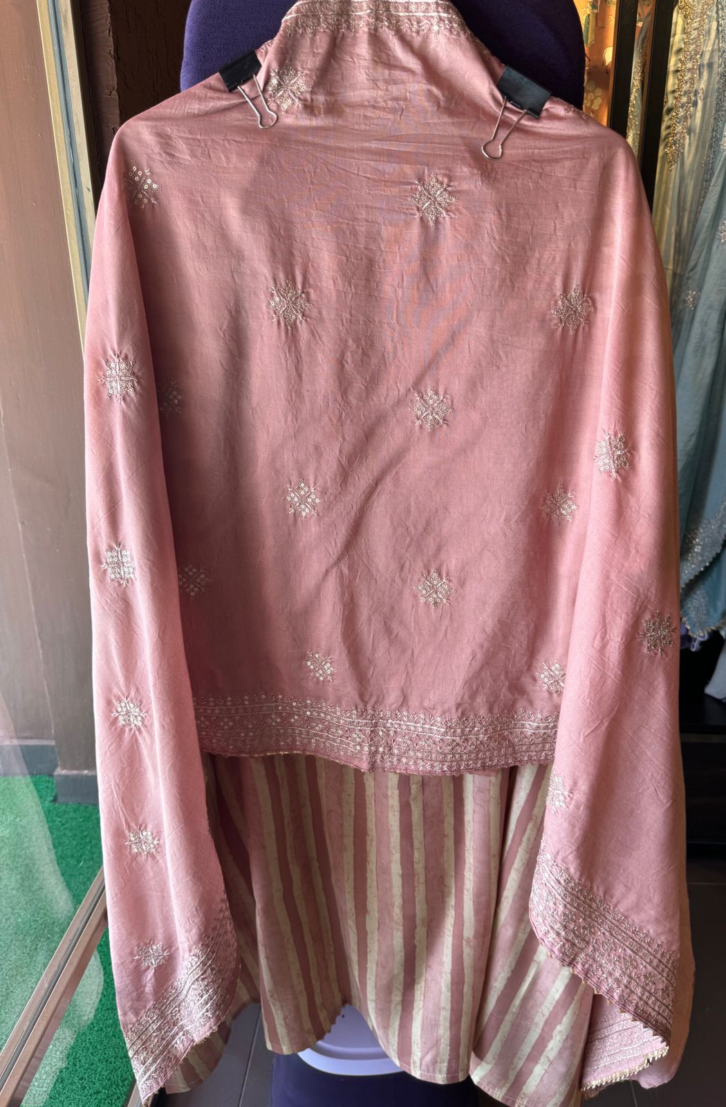 Pure cotton stripes shirt with very beautiful neckline with zari and sequence work