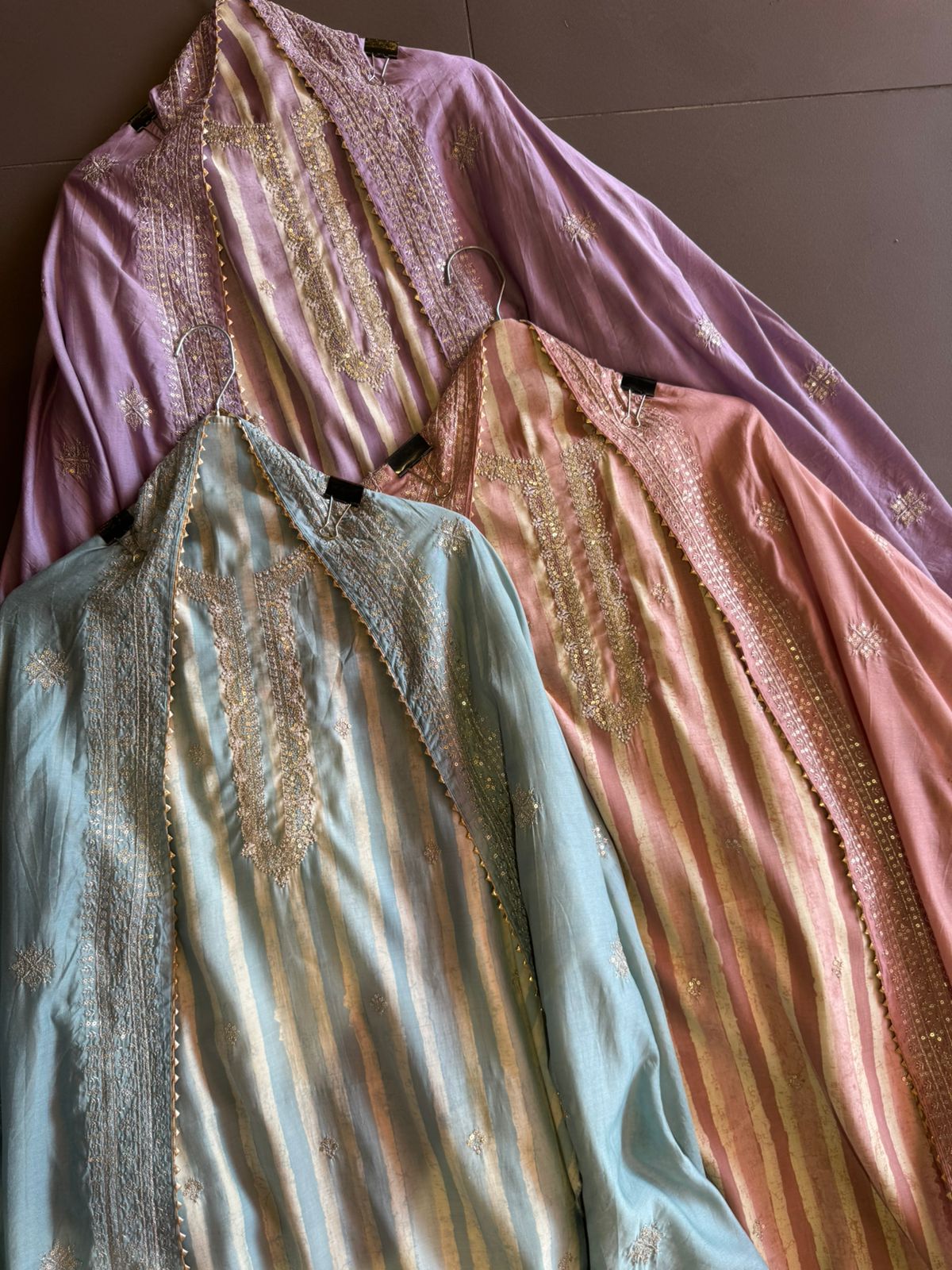 Pure cotton stripes shirt with very beautiful neckline with zari and sequence work