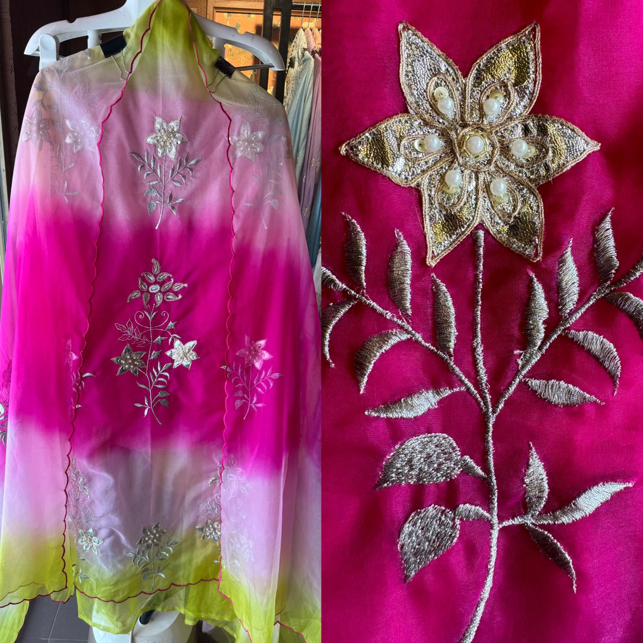 Beautiful ombré shaded Unstitched organza Suit with complete handwork