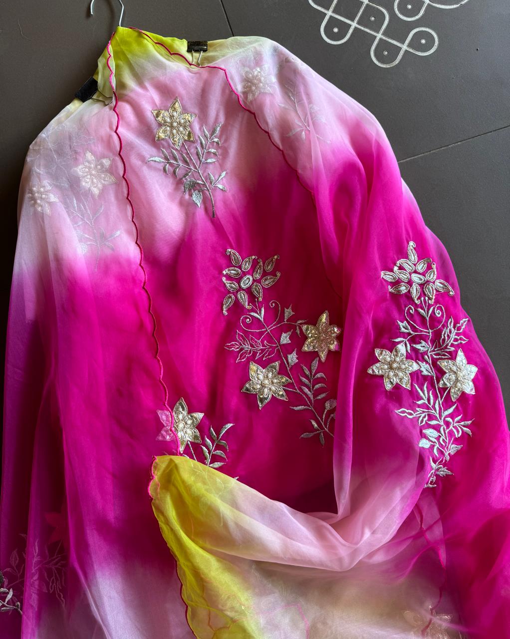 Beautiful ombré shaded Unstitched organza Suit with complete handwork