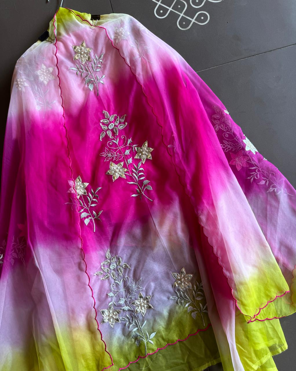 Beautiful ombré shaded Unstitched organza Suit with complete handwork