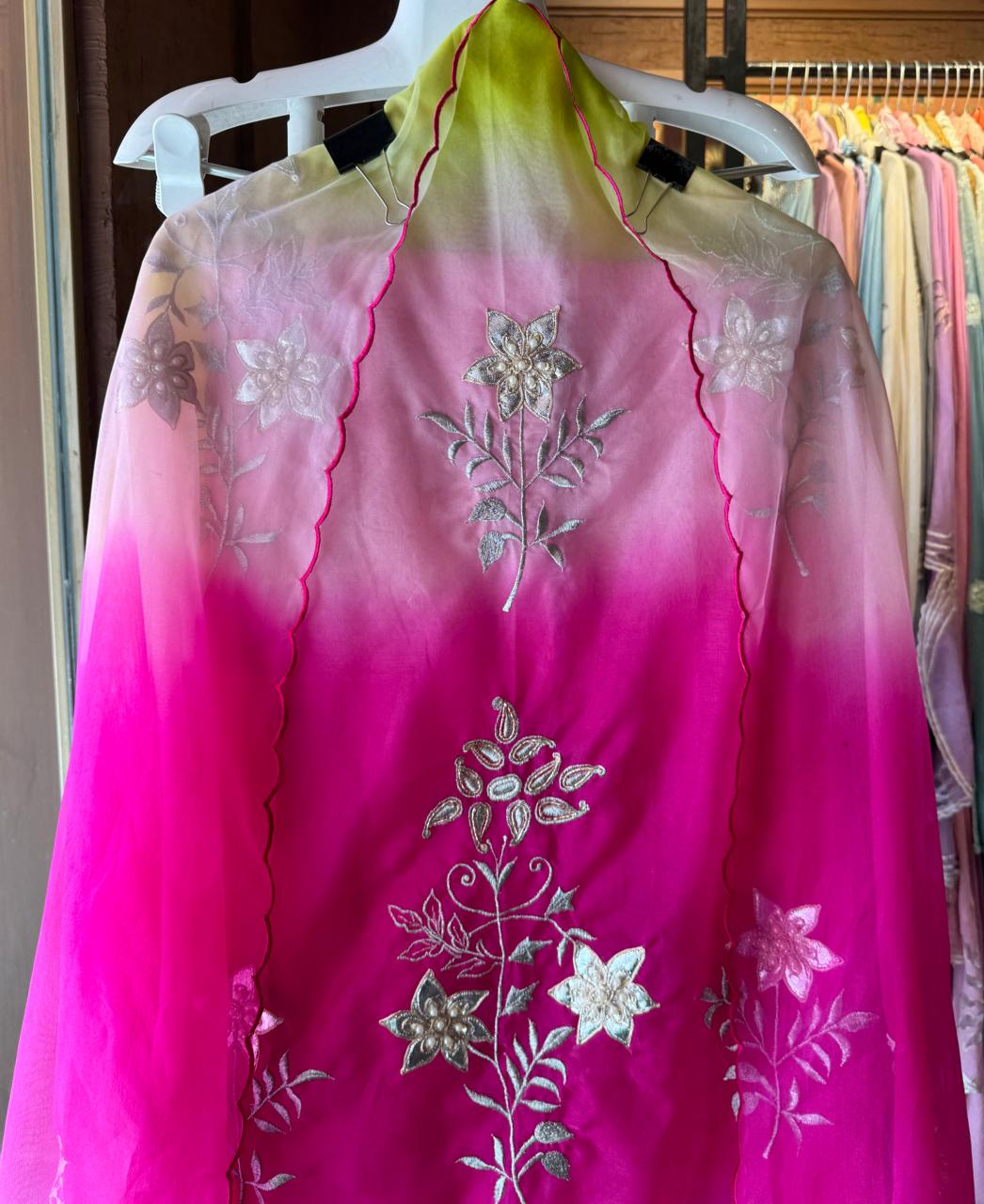 Beautiful ombré shaded Unstitched organza Suit with complete handwork