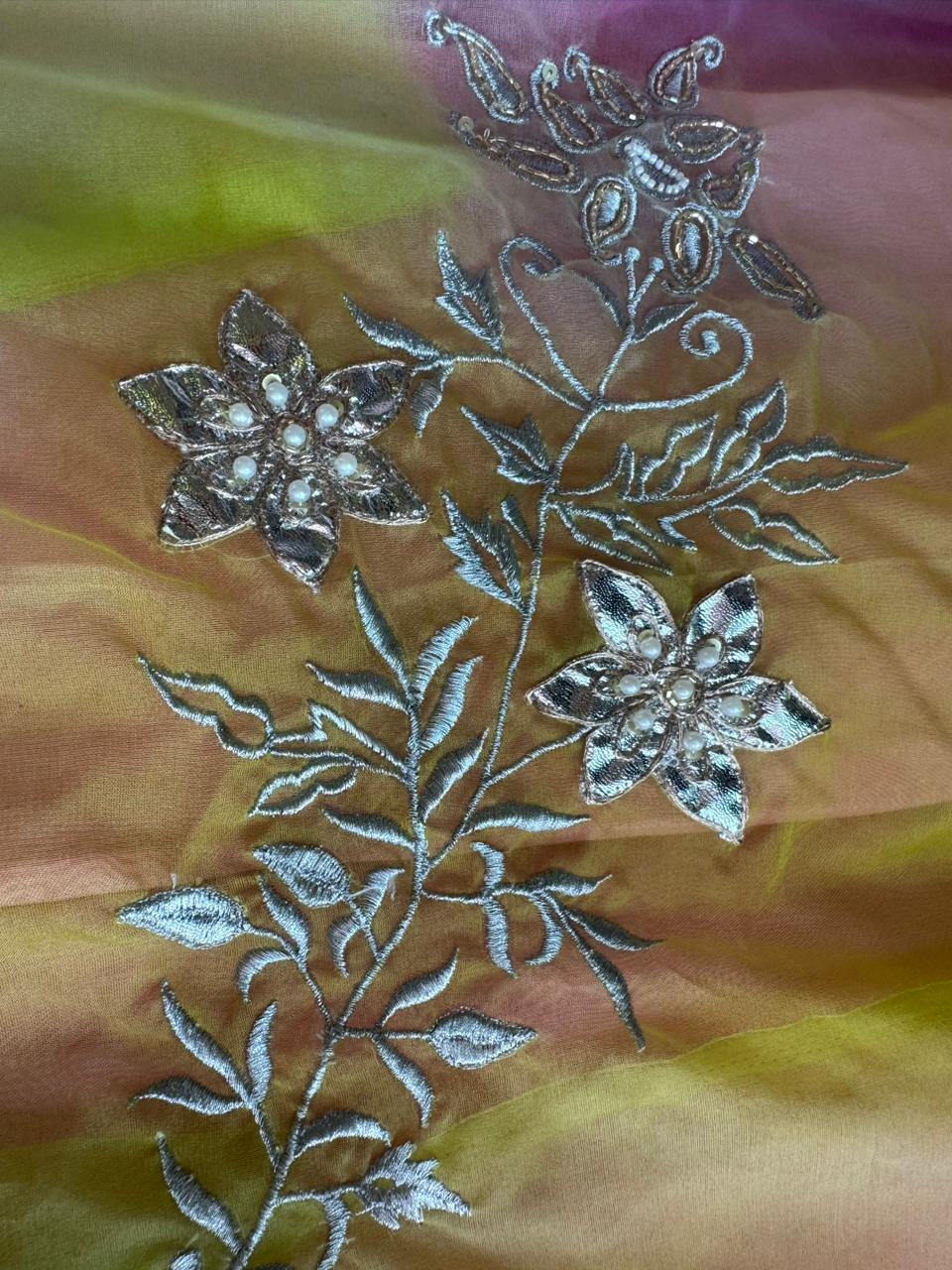 Beautiful ombré shaded Unstitched organza Suit with complete handwork