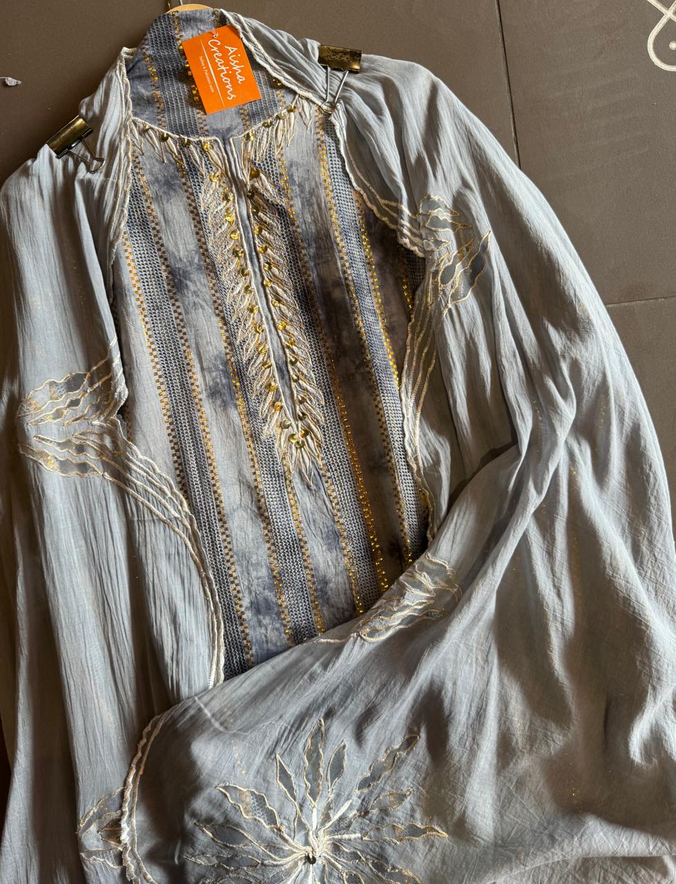 Pure Mul Mul cotton Designer appliqué work suit with thread and zari embroidery
