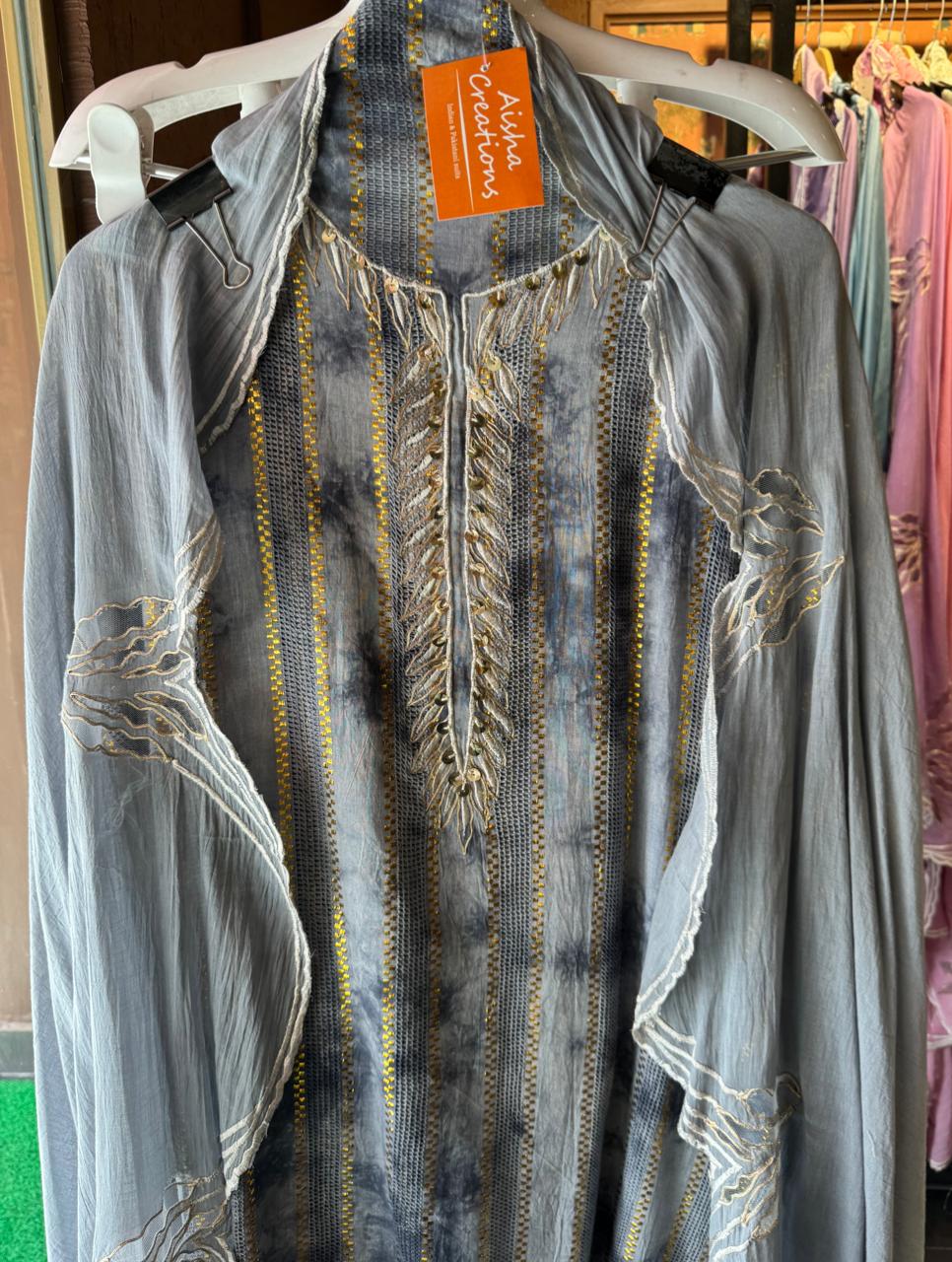 Pure Mul Mul cotton Designer appliqué work suit with thread and zari embroidery