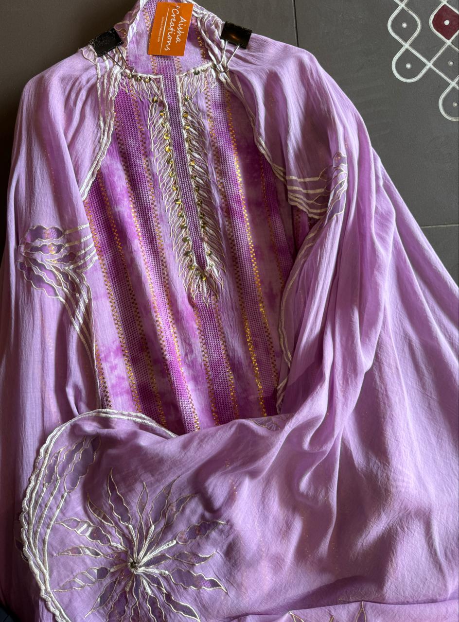 Pure Mul Mul cotton Designer appliqué work suit with thread and zari embroidery