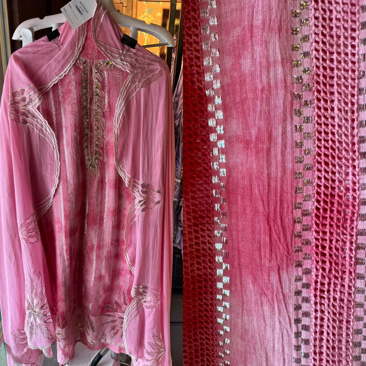 Pure Mul Mul cotton Designer appliqué work suit with thread and zari embroidery