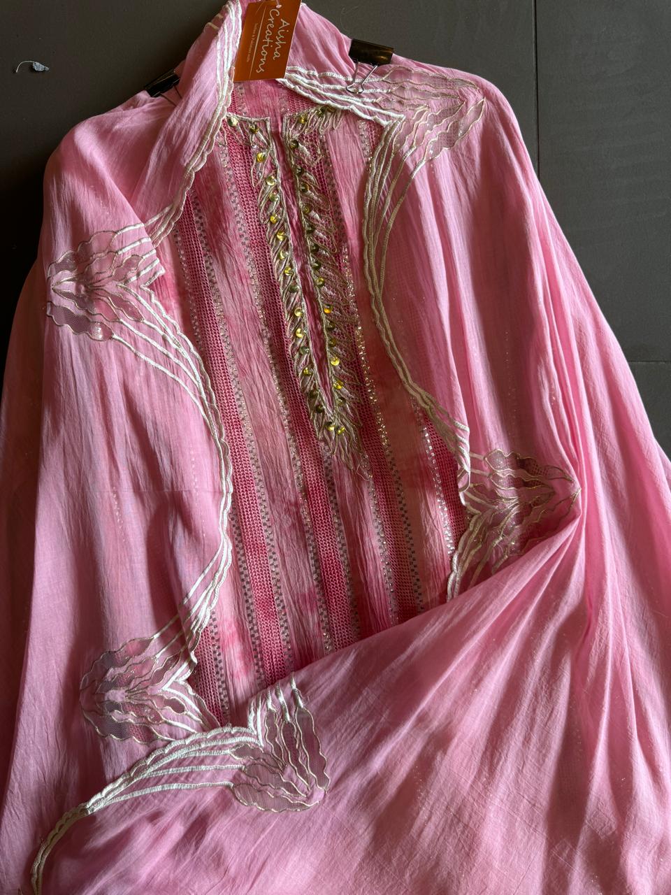 Pure Mul Mul cotton Designer appliqué work suit with thread and zari embroidery