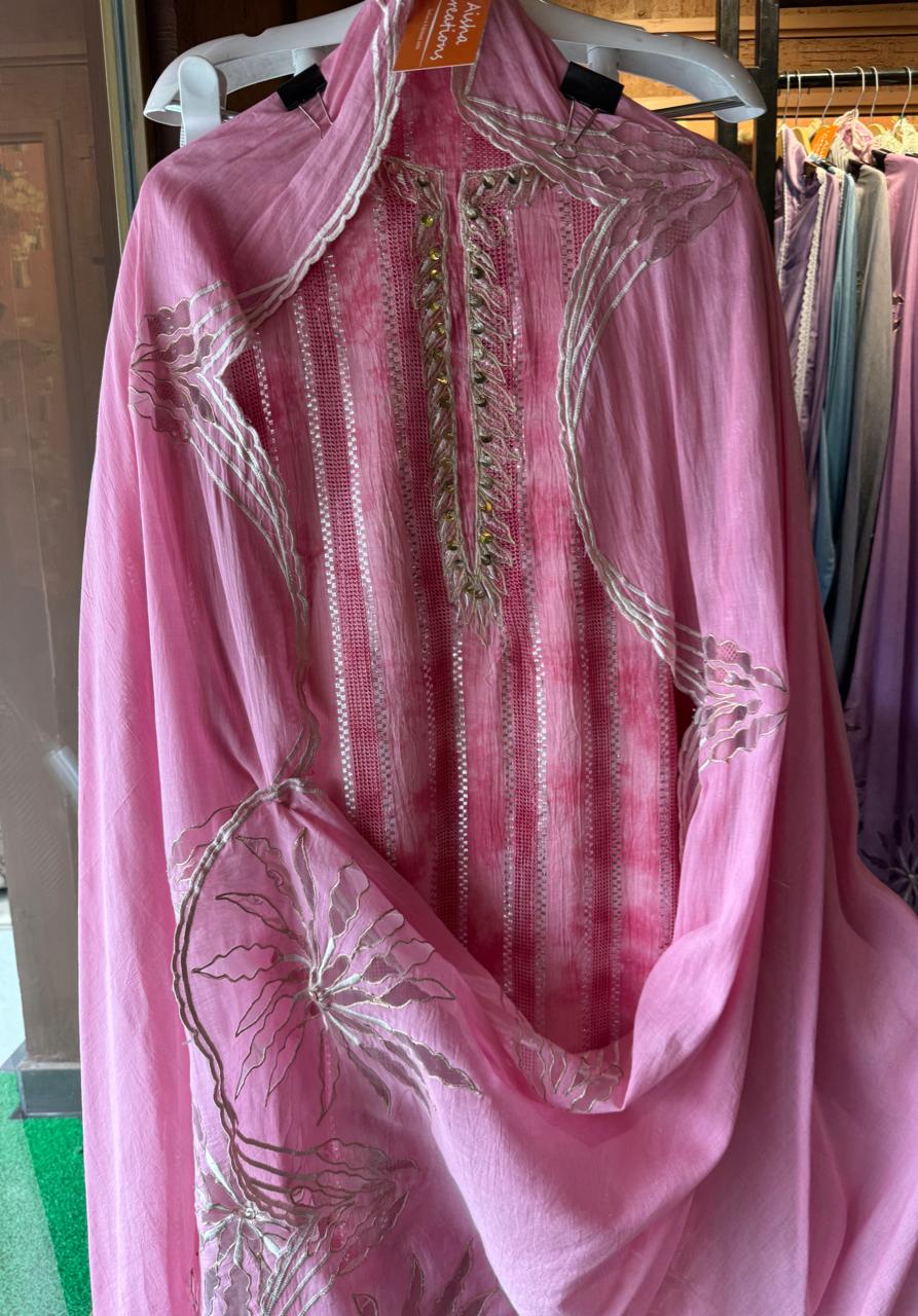 Pure Mul Mul cotton Designer appliqué work suit with thread and zari embroidery