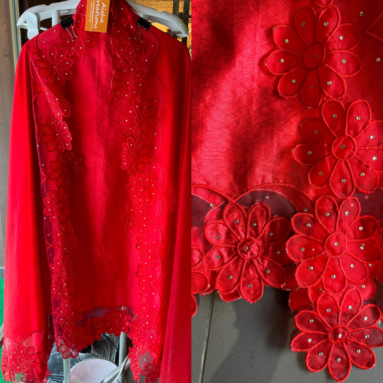 Red in colour With very smart Cutwork flower design with stone work highlighting.