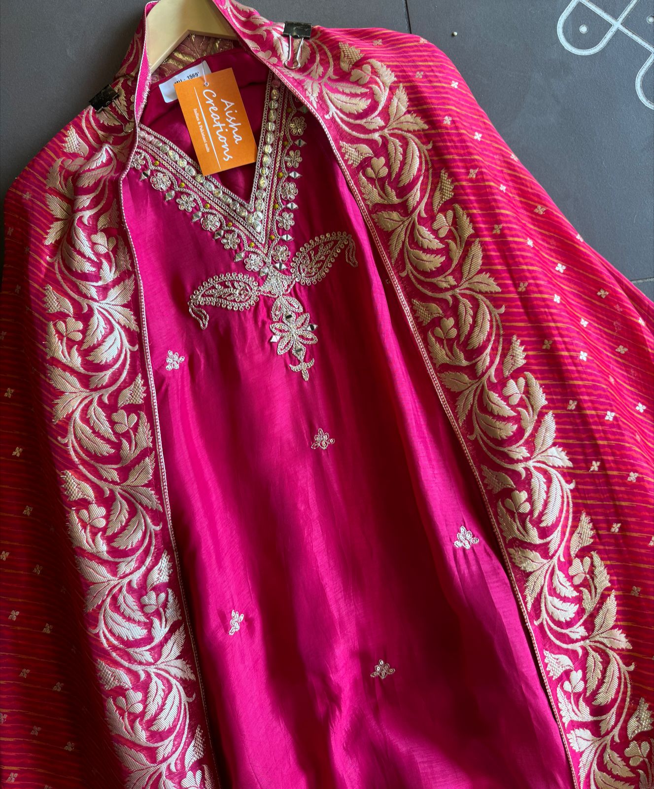 Pure silk (Unstitched) full size shirt with very designer Dori and zari work neckline (V neckline)
