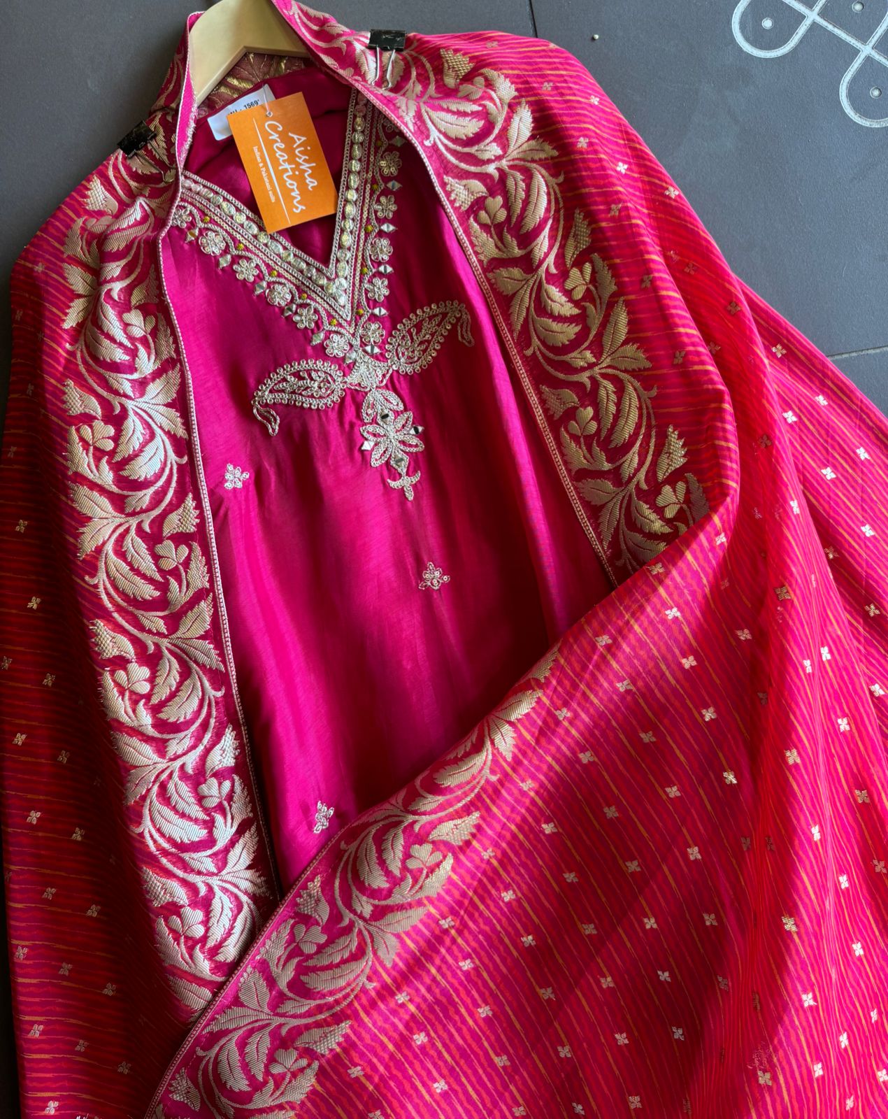 Pure silk (Unstitched) full size shirt with very designer Dori and zari work neckline (V neckline)