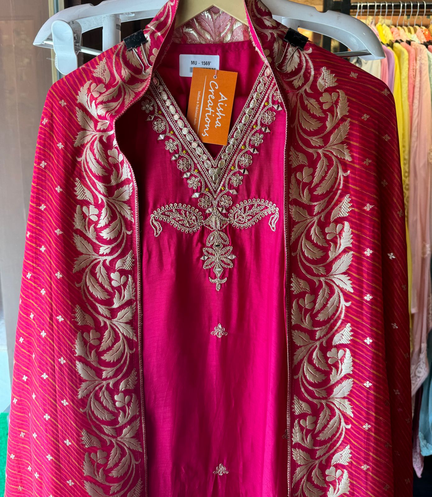 Pure silk (Unstitched) full size shirt with very designer Dori and zari work neckline (V neckline)