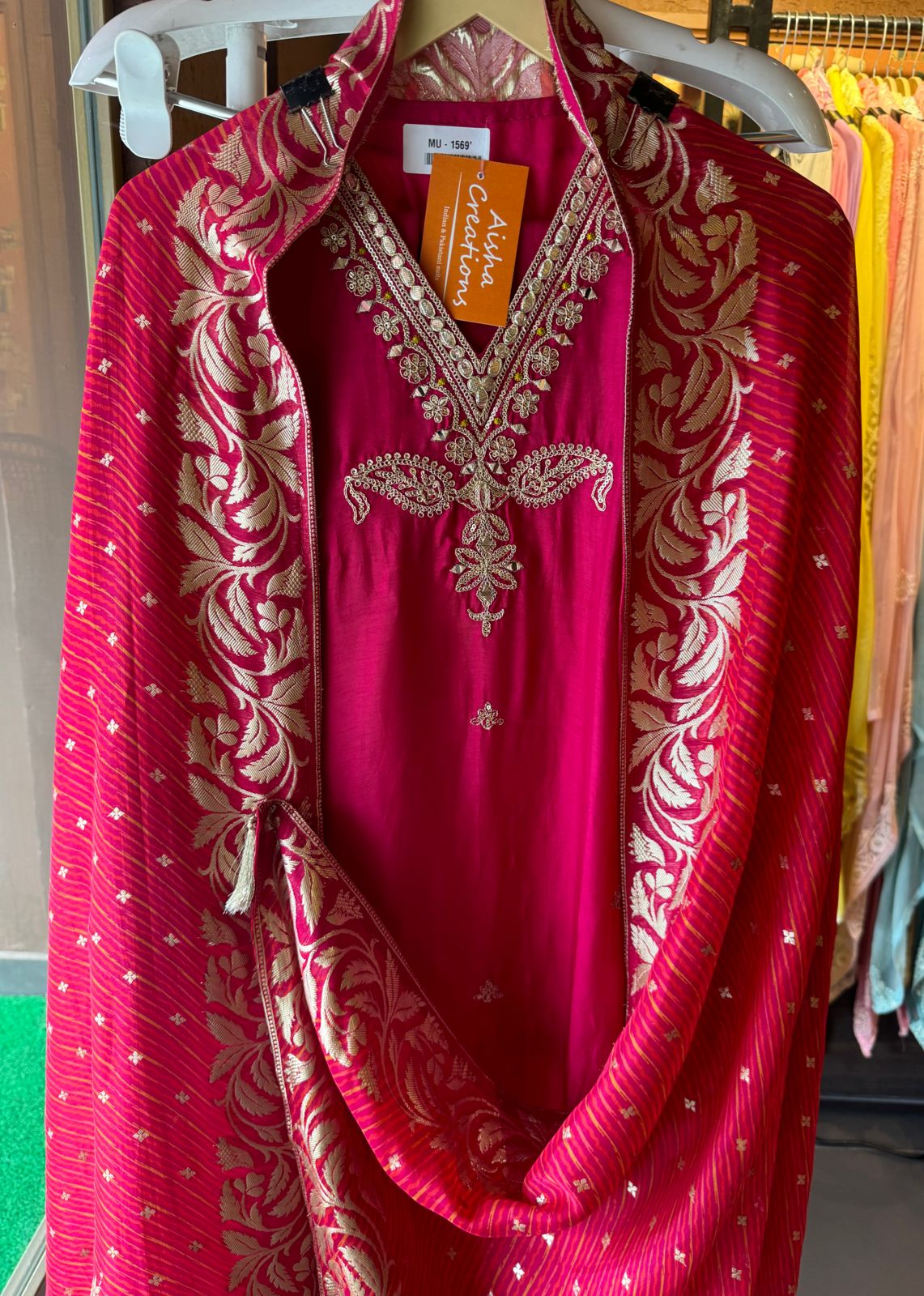 Pure silk (Unstitched) full size shirt with very designer Dori and zari work neckline (V neckline)