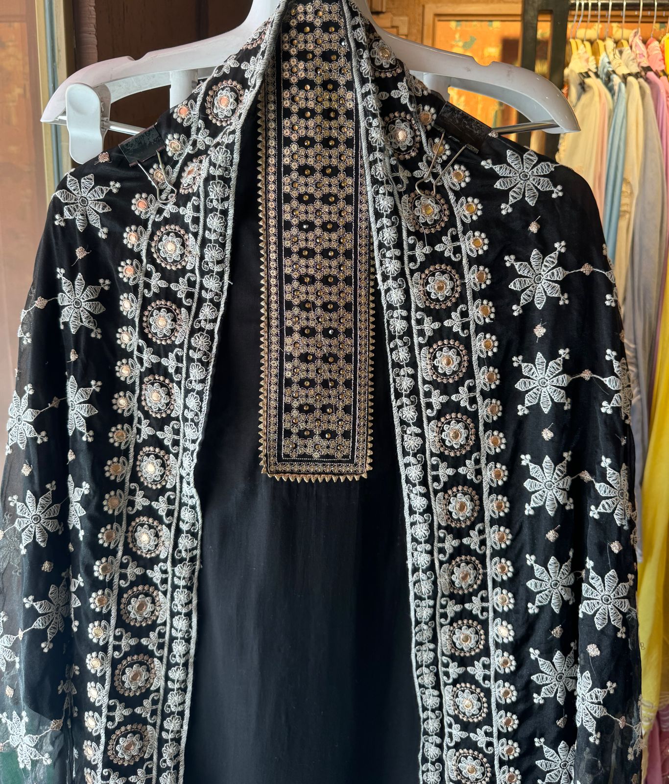 Pure Georgette unstitched Shirt with beautiful sequence work neck patti