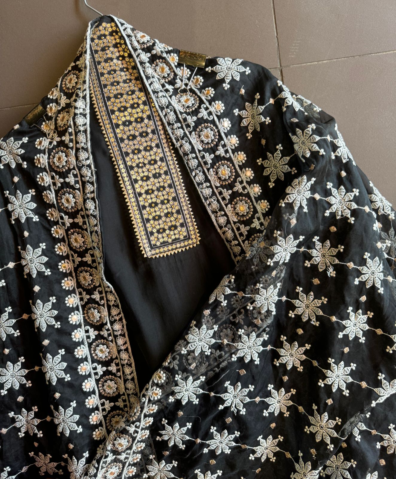 Pure Georgette unstitched Shirt with beautiful sequence work neck patti