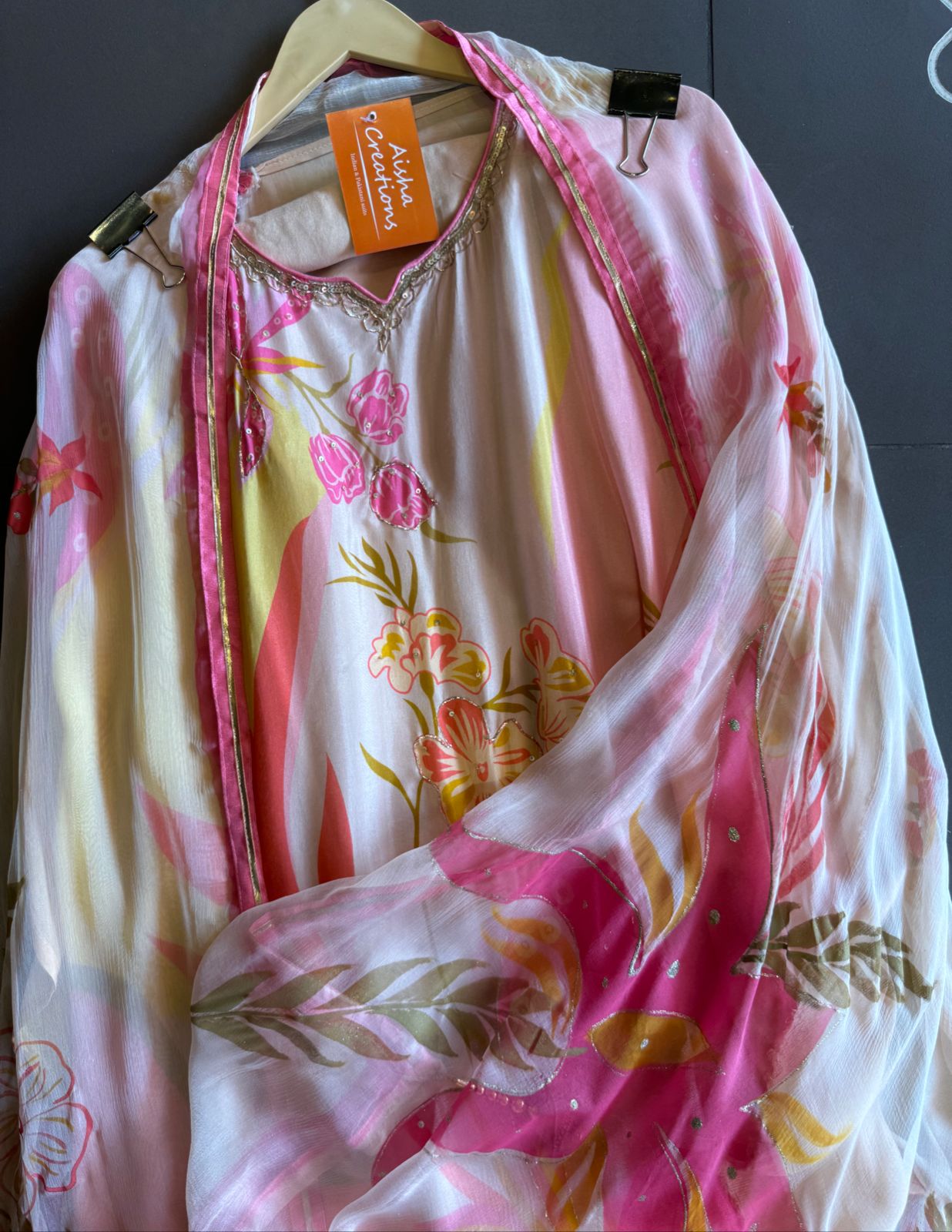 Pure muslin digital printed shirt unstitched with beautiful handwork highlights with gotta