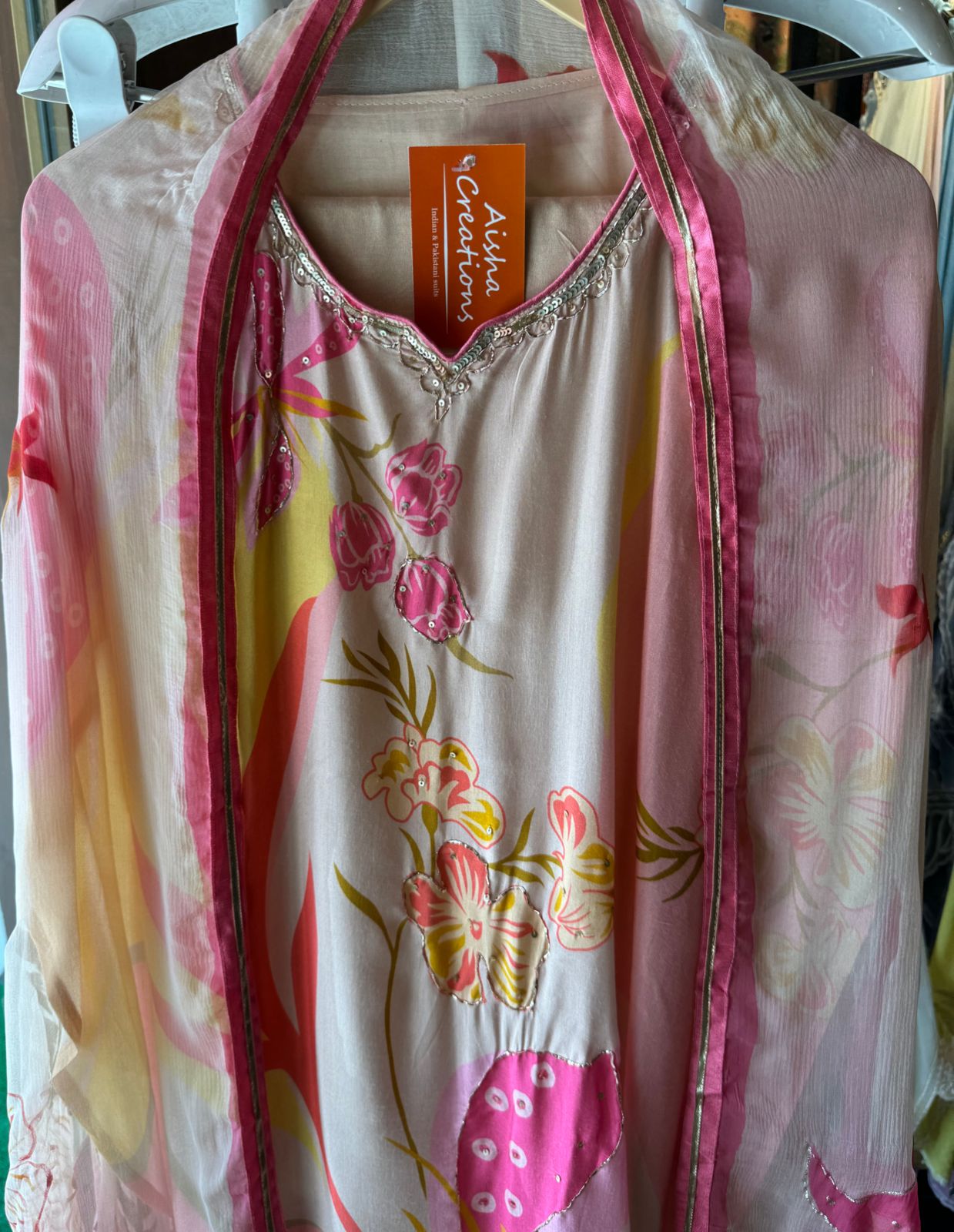 Pure muslin digital printed shirt unstitched with beautiful handwork highlights with gotta