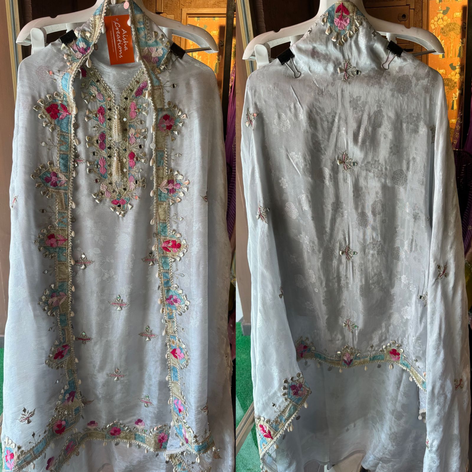 Self weaved silk shirt with very gorgeous thread embroidery and gotta work with mirror highlighting