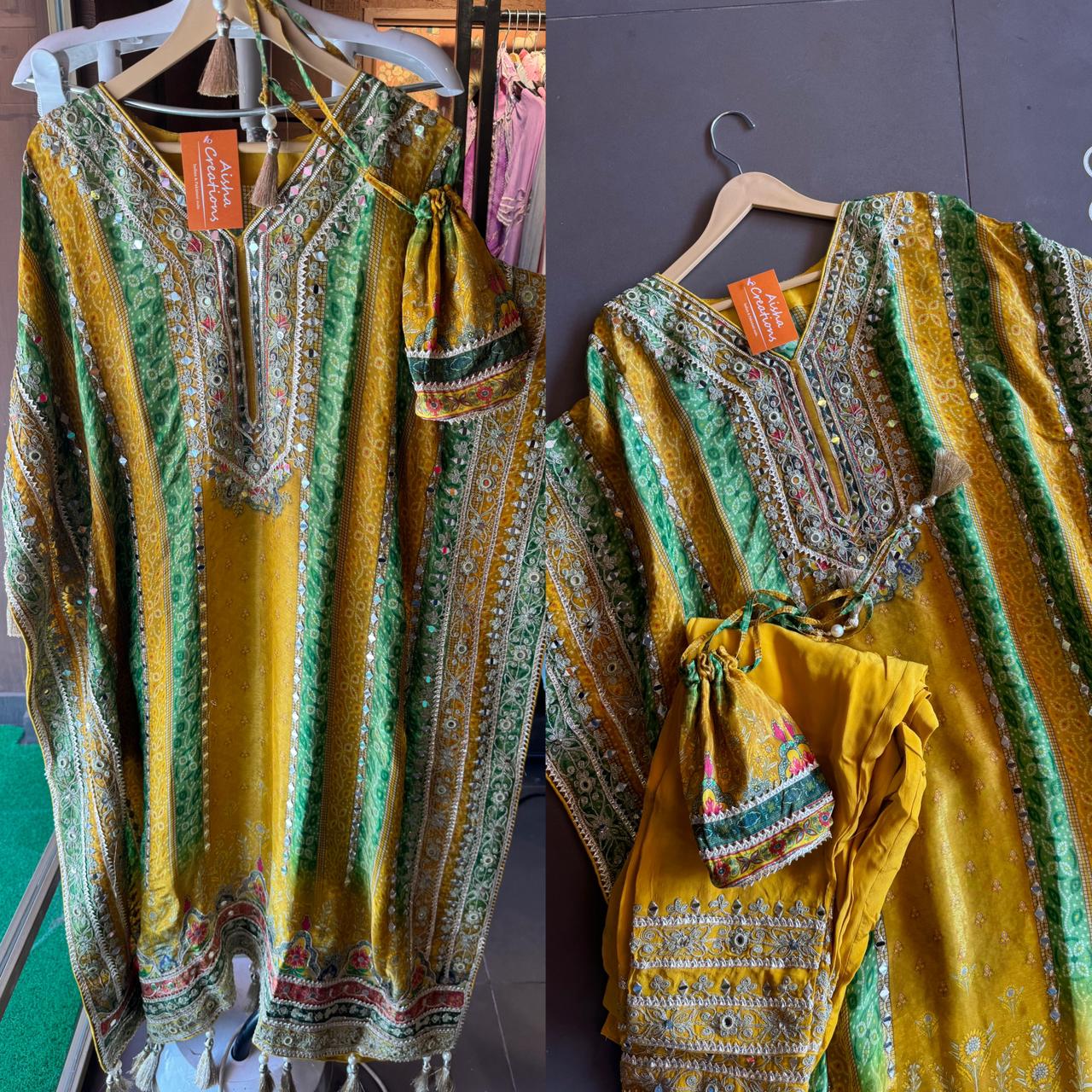 Soft tissue digital printed kaaftan with very beautiful mirror work stitched