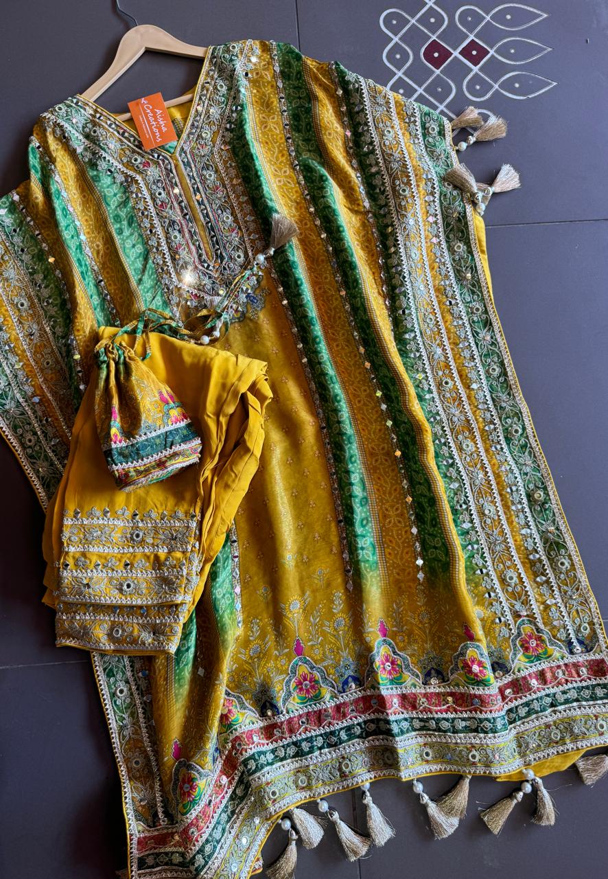 Soft tissue digital printed kaaftan with very beautiful mirror work stitched