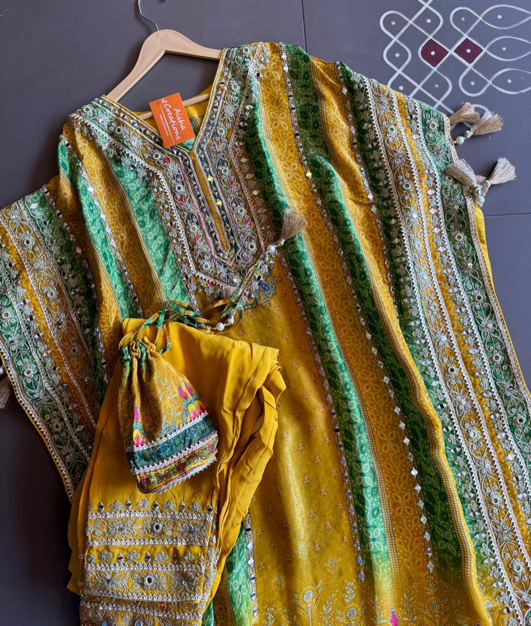 Soft tissue digital printed kaaftan with very beautiful mirror work stitched