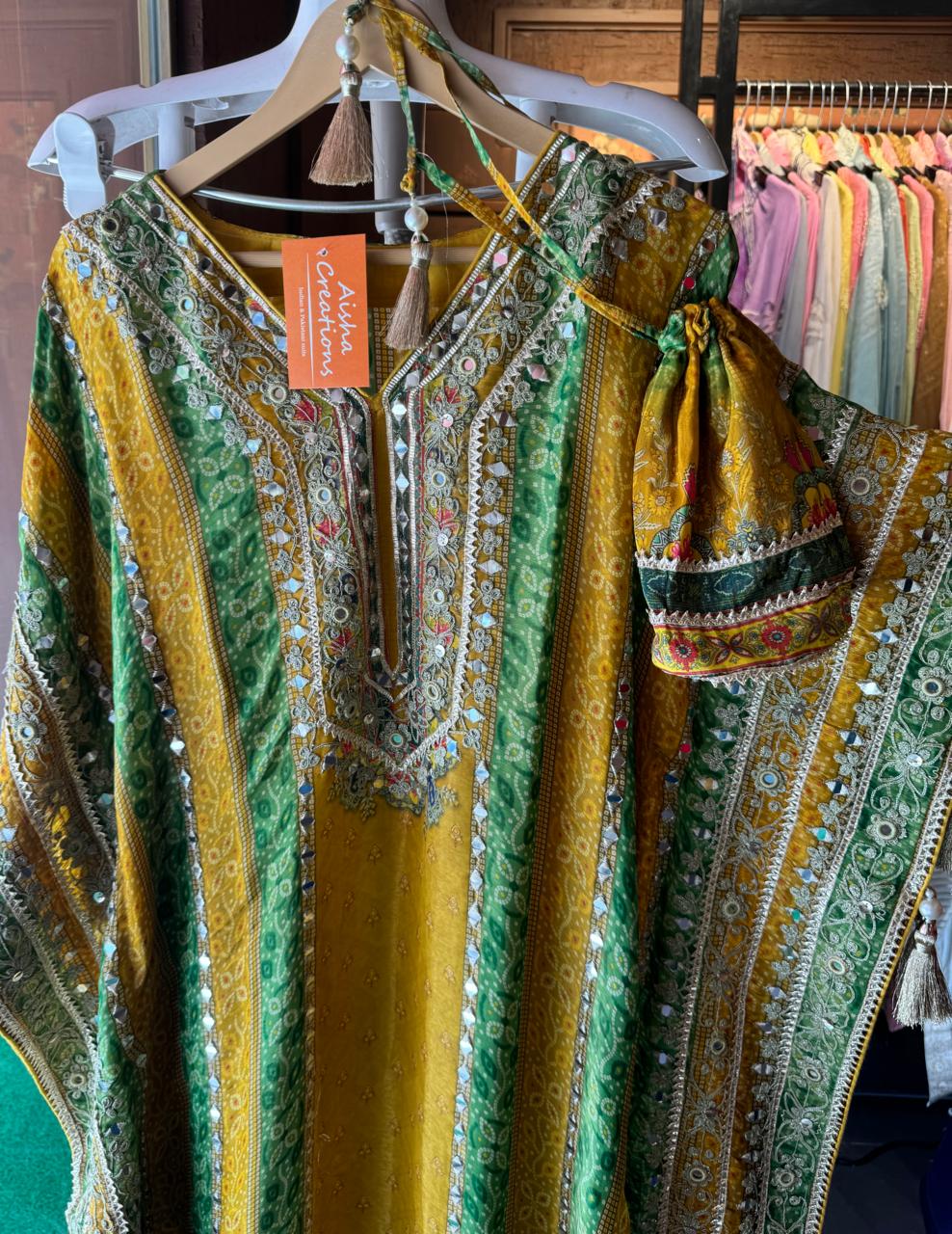 Soft tissue digital printed kaaftan with very beautiful mirror work stitched