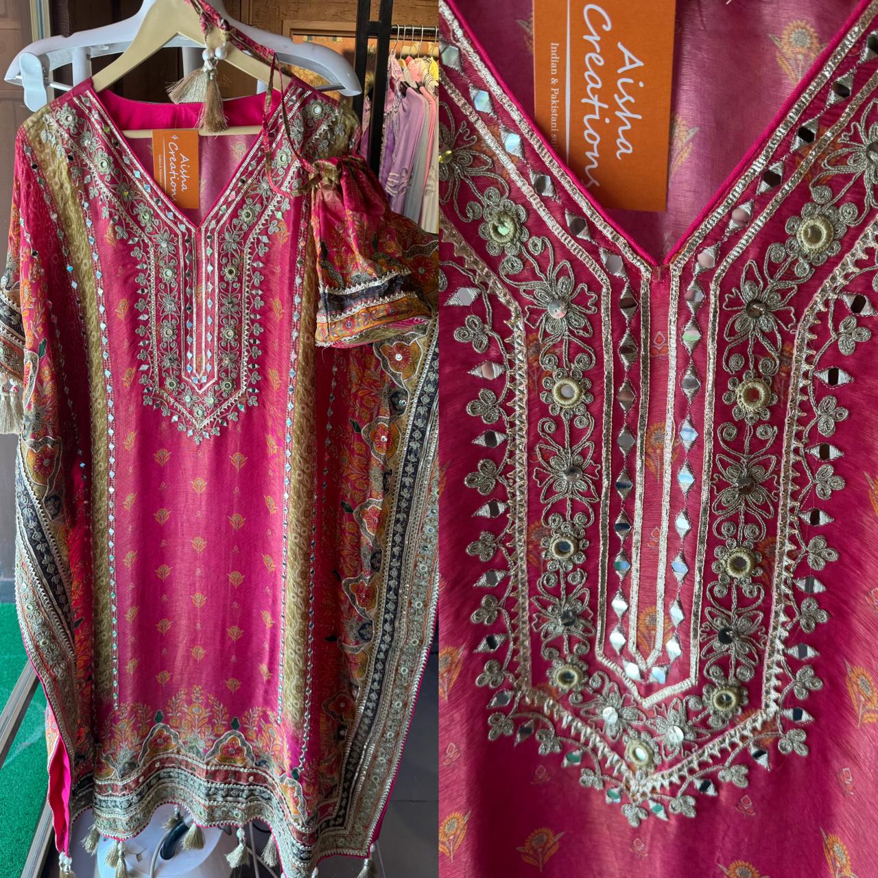 Soft tissue digital printed kaaftan with very beautiful mirror work stitched