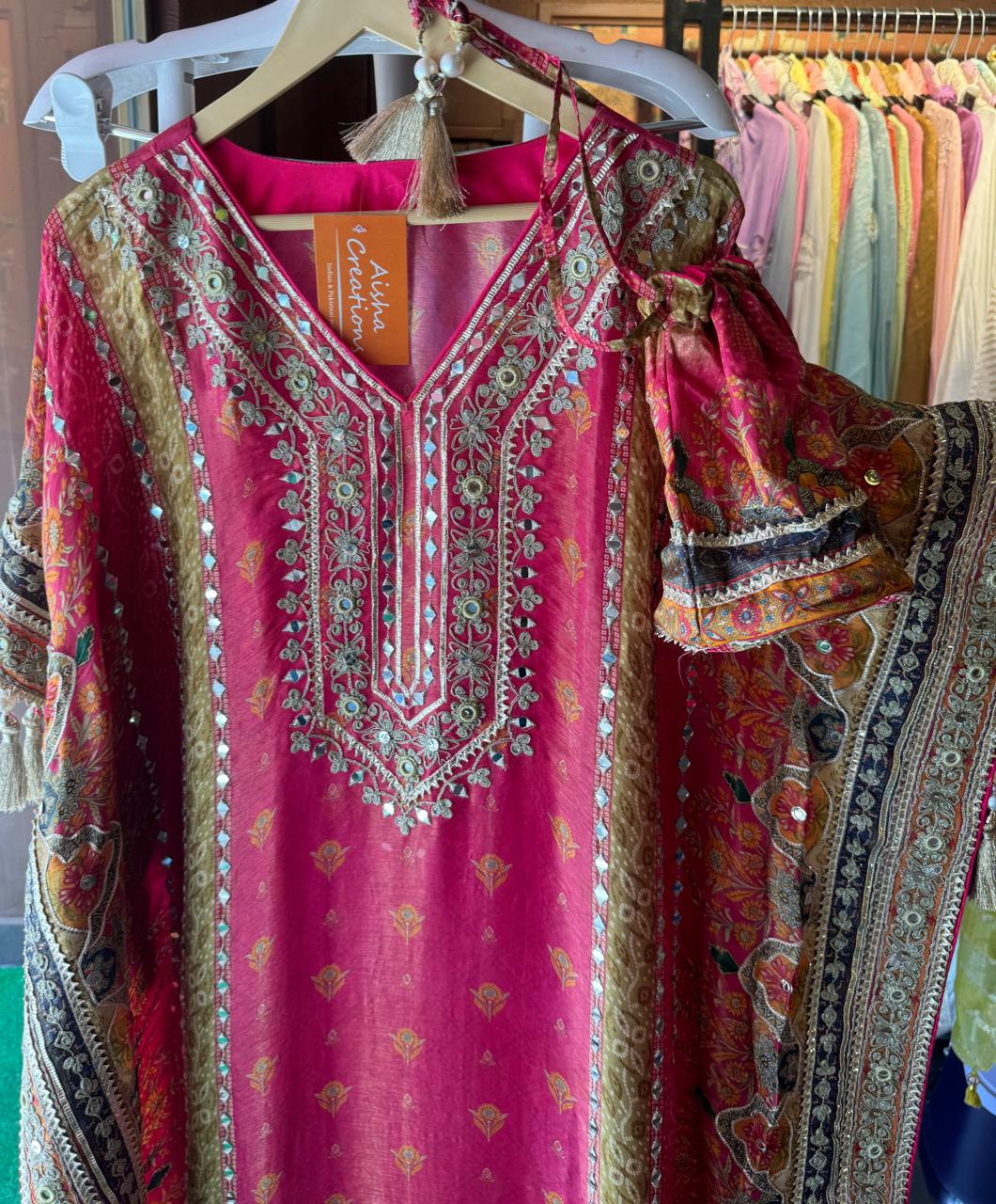 Soft tissue digital printed kaaftan with very beautiful mirror work stitched