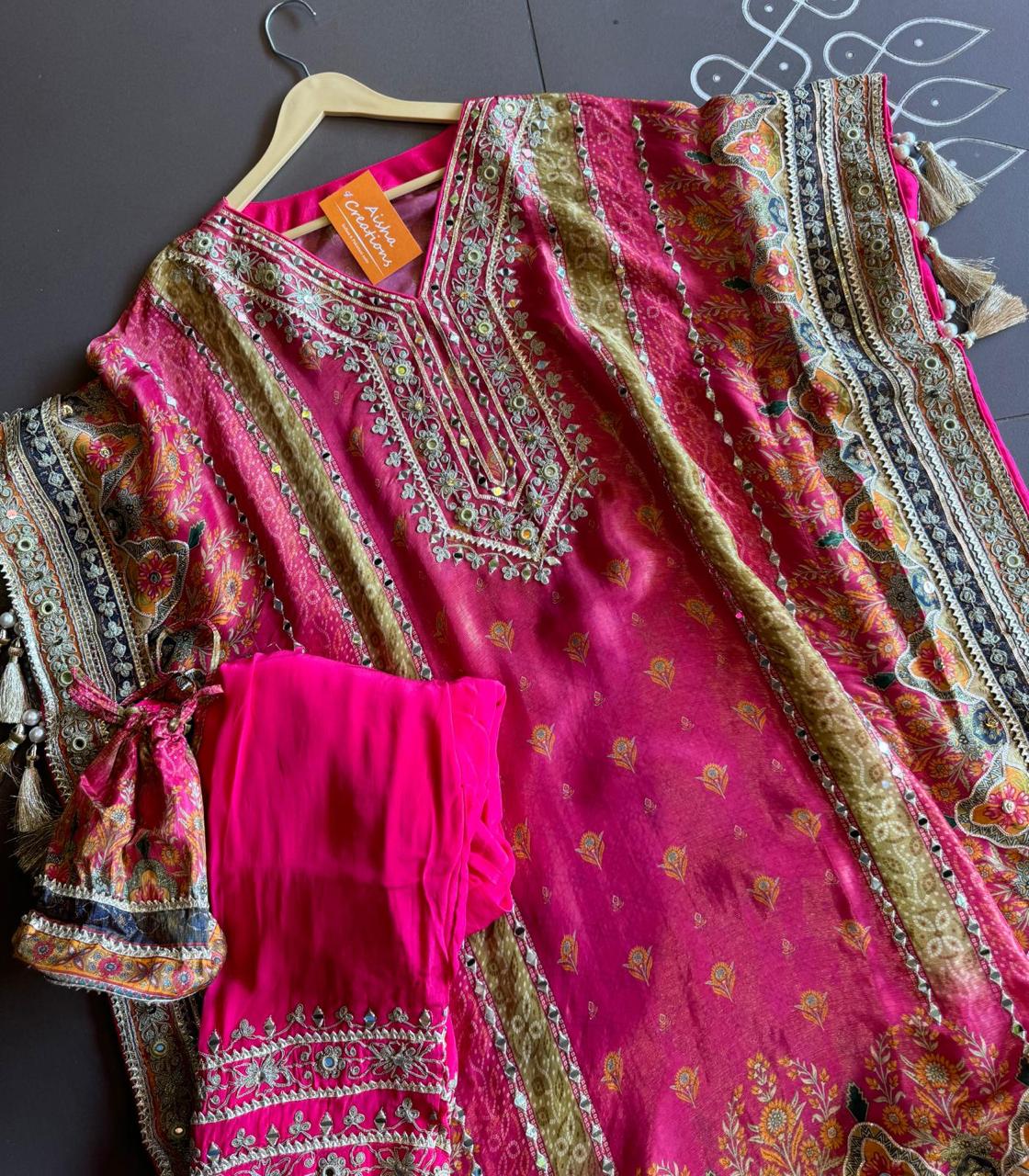 Soft tissue digital printed kaaftan with very beautiful mirror work stitched