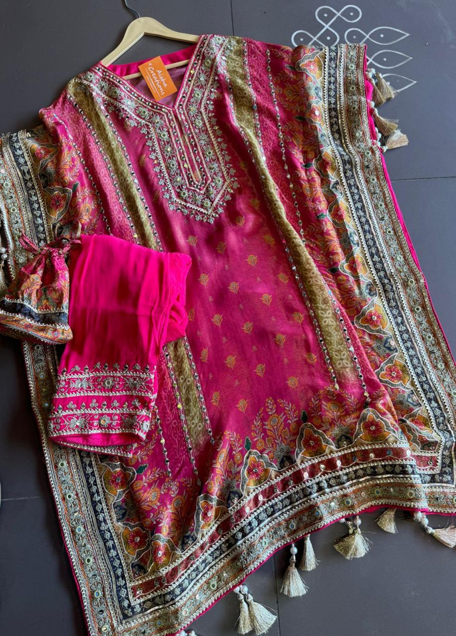 Soft tissue digital printed kaaftan with very beautiful mirror work stitched