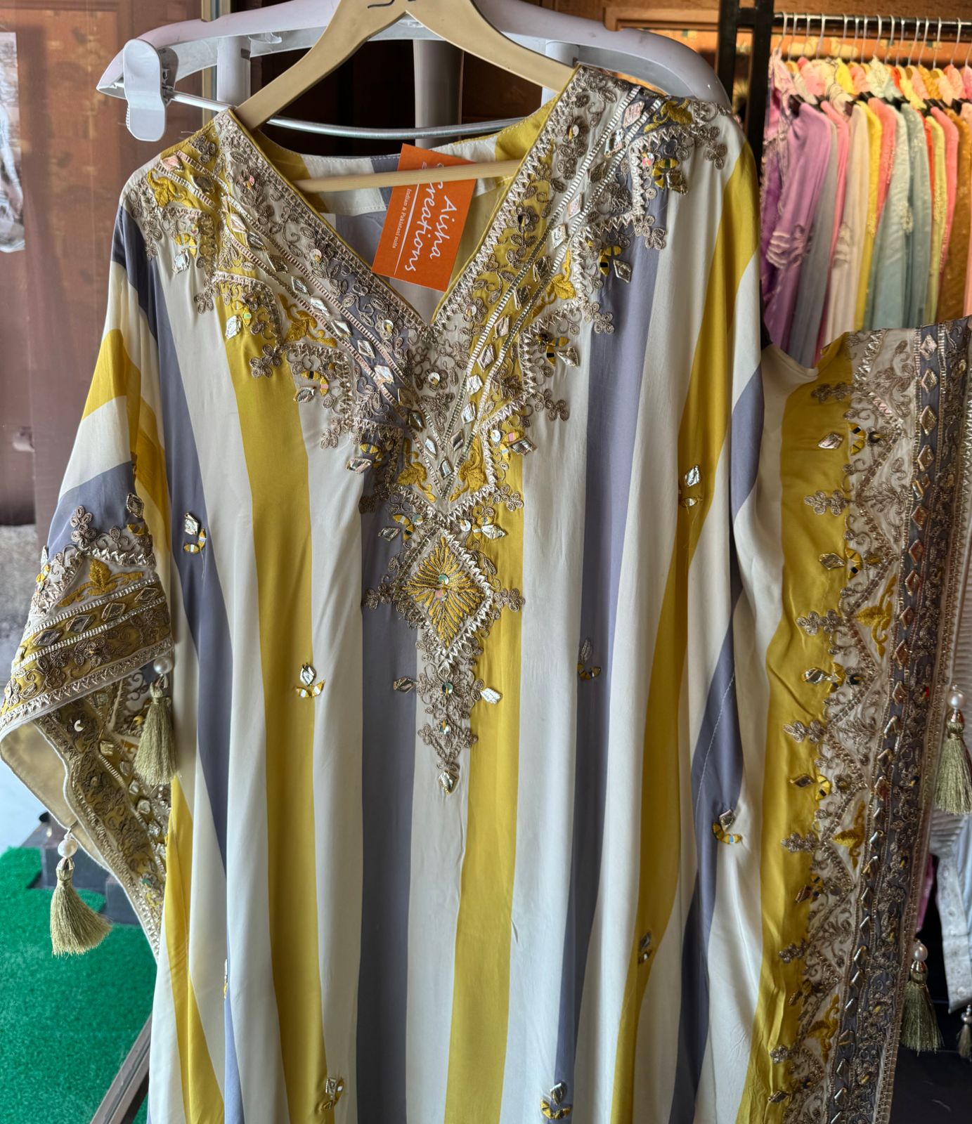 Soft flowy organza stripes kaaftan set with pants