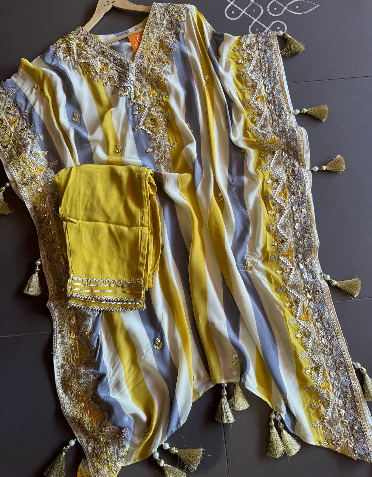 Soft flowy organza stripes kaaftan set with pants