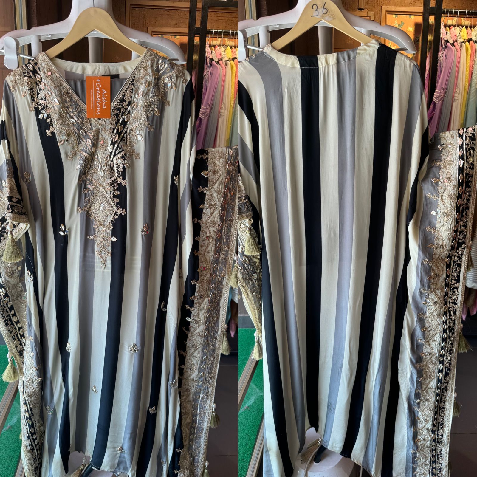 Soft flowy organza stripes kaaftan set with pants