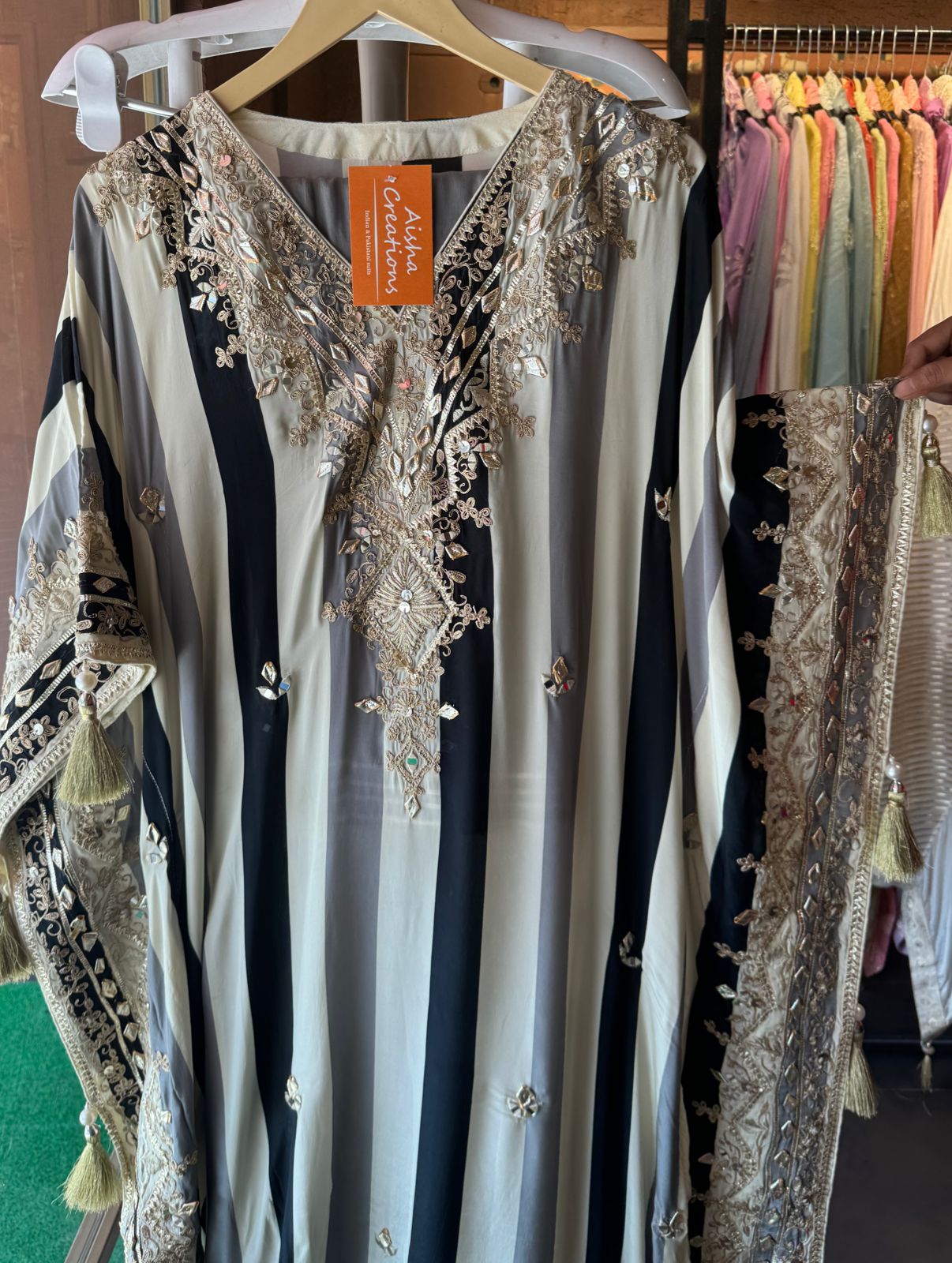 Soft flowy organza stripes kaaftan set with pants